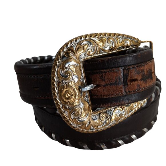 Vintage Fisher Brown Leather Backstitch Gold Silver Buckle Belt Size 34 Western - Picture 6 of 8